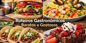 Colagem gastronômica com hambúrguer, tacos, paella e sobremesa deliciosa.