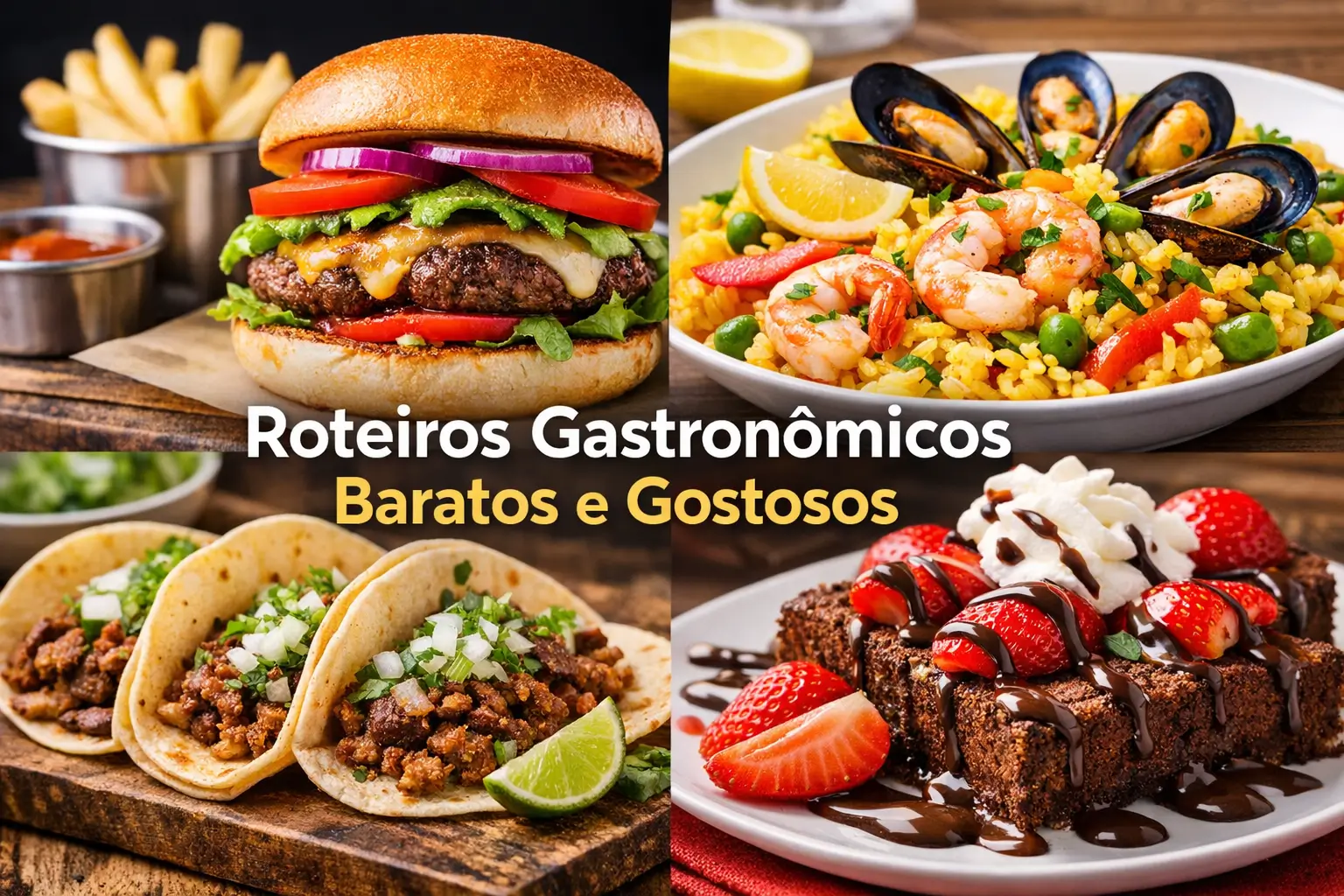 Colagem gastronômica com hambúrguer, tacos, paella e sobremesa deliciosa.