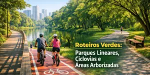 Ciclistas e pedestres aproveitam parques lineares e ciclovias arborizadas em cidade brasileira