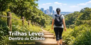 Caminhada em trilha leve cercada por natureza com horizonte urbano ao fundo