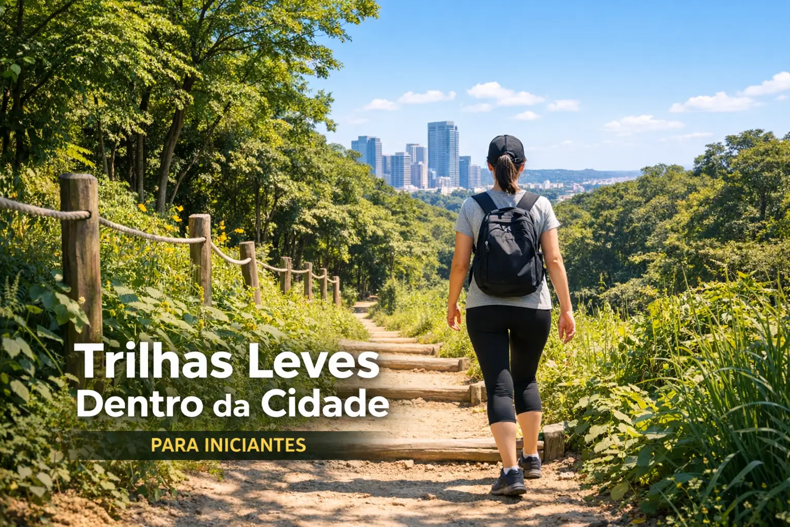 Caminhada em trilha leve cercada por natureza com horizonte urbano ao fundo