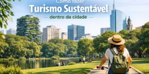 Turista em bicicleta numa área urbana sustentável em 2026