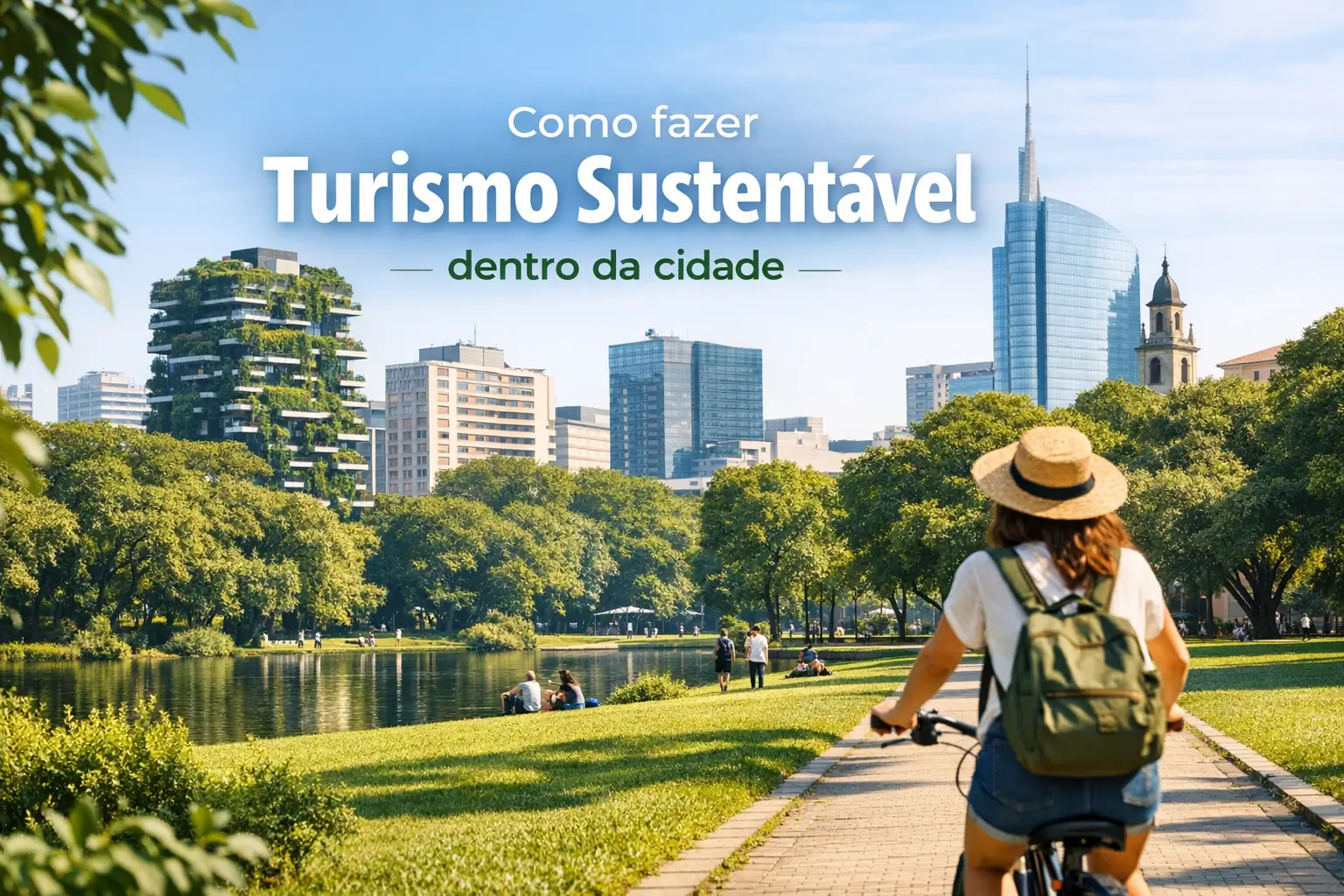 Turista em bicicleta numa área urbana sustentável em 2026