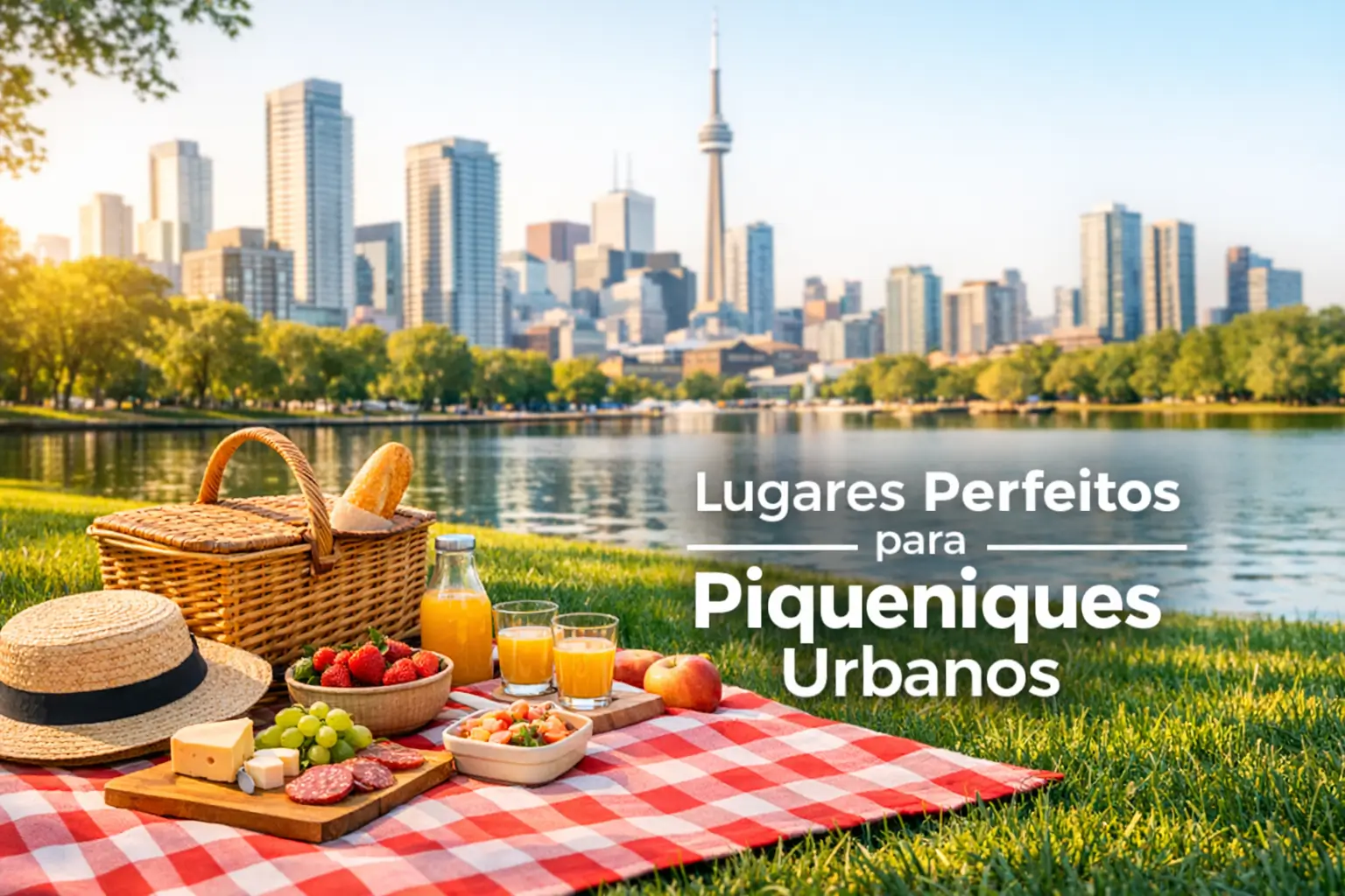 Cesta de piquenique urbana com frutas, frios e suco em frente ao skyline de uma cidade brasileira