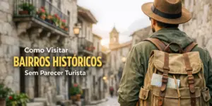 Viajante em rua histórica de paralelepípedos com mapa na mochila