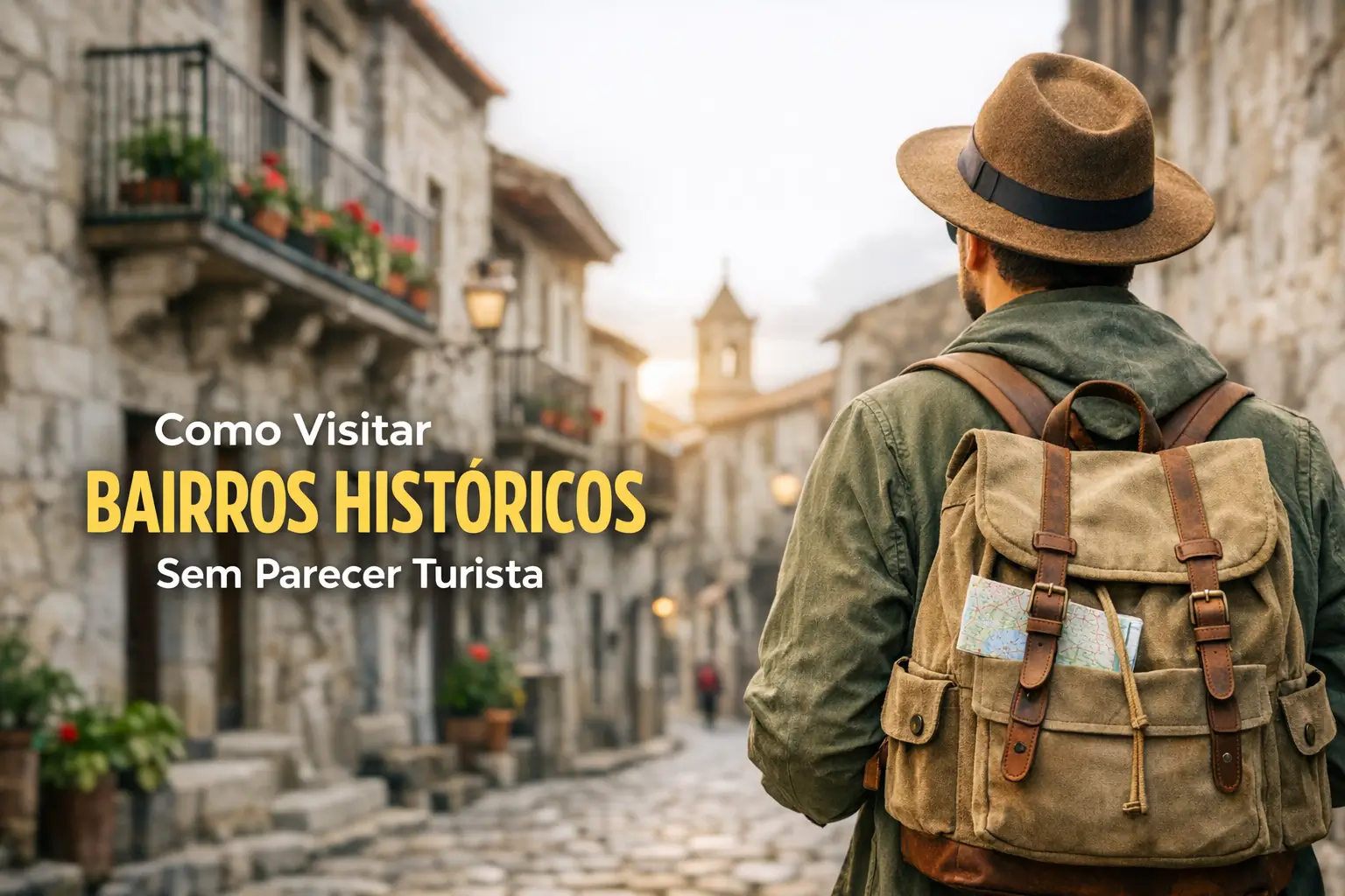 Viajante em rua histórica de paralelepípedos com mapa na mochila