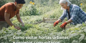 Homem e mulher cuidando de plantas em horta comunitária com girassóis