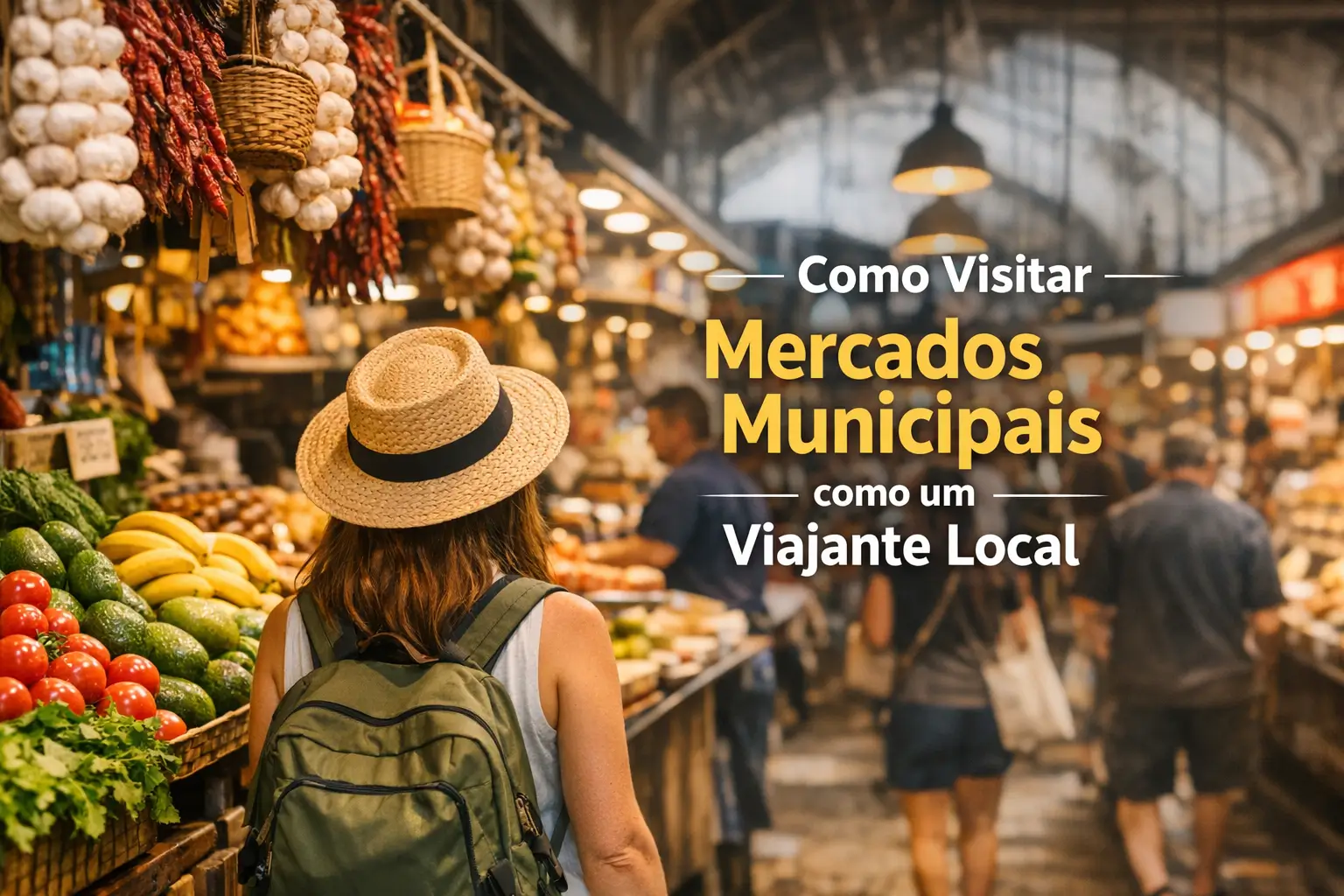 Mulher em mercado vibrante brasileiro comprando frutas e vegetais frescos