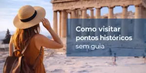 Mulher de chapéu olhando para o Parthenon com texto em destaque.